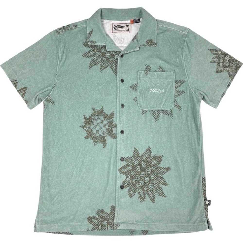 Howler Brothers Mens Terry Cloth Button Down Shirt Green Geometric Star M FLAW
